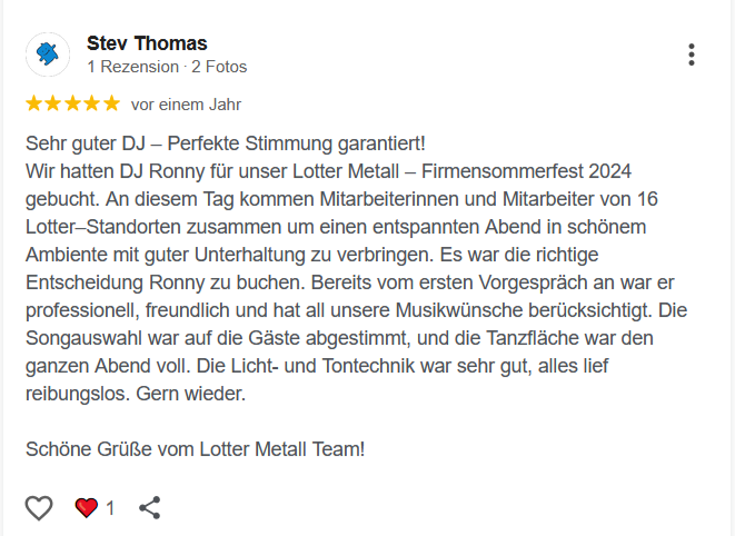 Eine positive Bewertung über DJ Ronny LE., der bei einer Firmenveranstaltung aufgetreten ist.