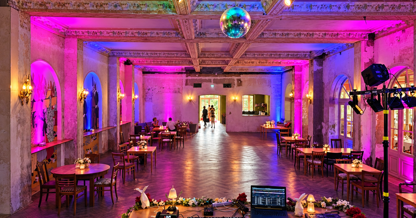 Festsaal mit Ambientebeleuchtung und Tischanordnung für eine Veranstaltung in Leipzig