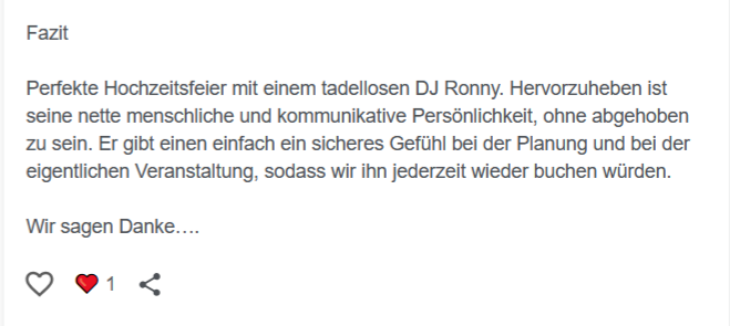 Eine Bewertung über DJ Ronny LE. und seine Dienstleistungen bei einer Hochzeits -Veranstaltung.