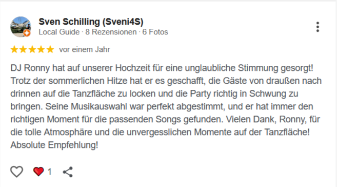 Positive Kundenbewertung über einen Hochzeits DJ Ronny LE. mit schöner Stimmung und passenden Dienstleistungen.