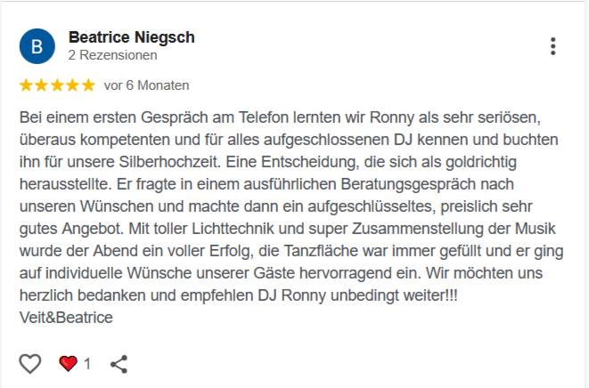 Bewertung über DJ Ronny LE. mit persönlichem Bezug und Musikinteresse. Positives Feedback.