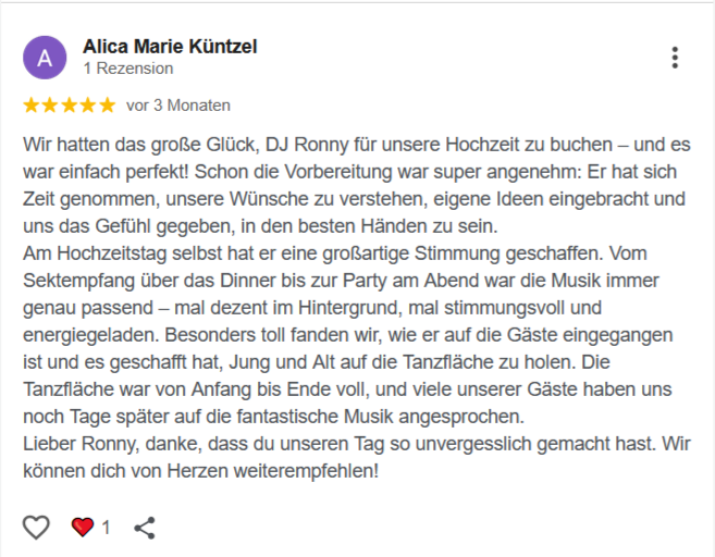 Bewertung eines Hochzeits-DJ Ronny LE. mit positiven Erfahrungen und Atmosphäre bei der Feier.