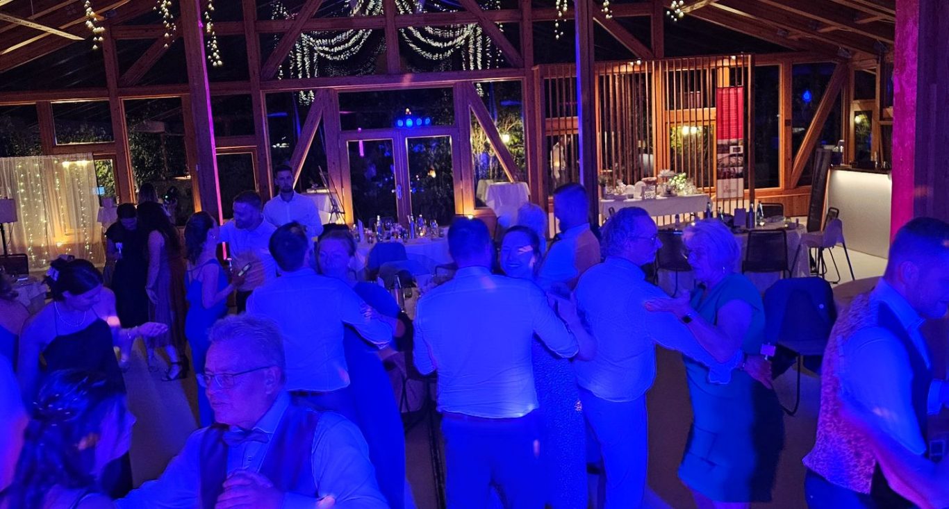 DJ Leipzig Ronny LE. bei einem Event in der Fliedertreiberei Engler in Leipzig Tanzende Menschen in einem festlichen Ambiente, blau beleuchteten Raum mit Dekoration in Leipzig.