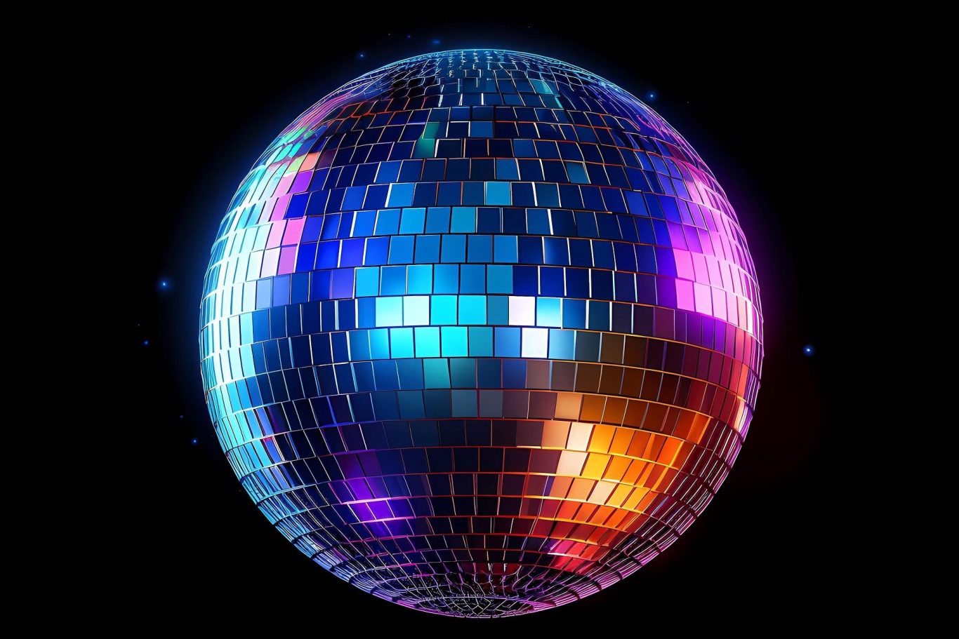 Glitzernde Discokugel mit buntem Licht auf schwarzem Hintergrund.