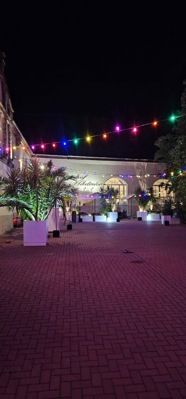 Beleuchteter Innenhof mit bunten Lichtern und Pflanzen auf einem Pflasterweg.