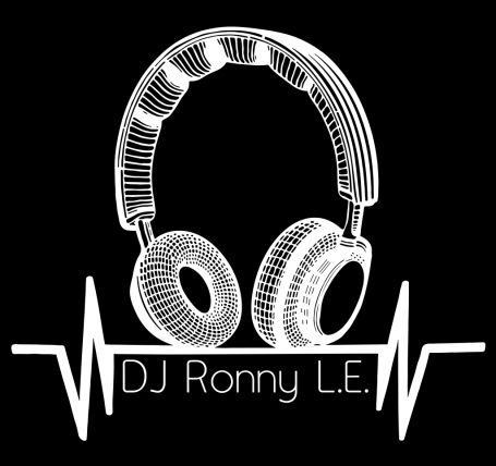 Anthraziter Hintergrund mit weißen DJ Kopfhörer und den Initialen des DJ Ronny LE.