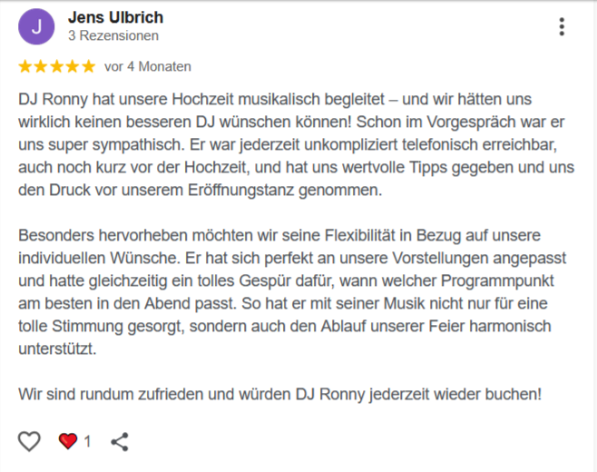 Bewertung zur Hochzeitsmusik mit positiven Empfehlungen für den Dienstleister DJ Ronny LE.