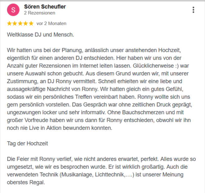 Eine Bewertung über DJ Ronny LE. und seine Dienstleistungen bei einer Hochzeits -Veranstaltung.