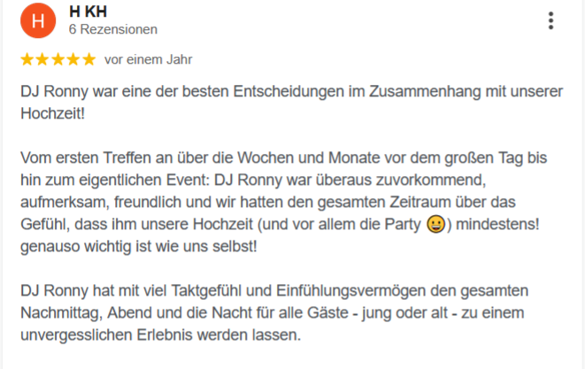Bewertung einer Veranstaltung mit DJ Ronny LE. bei einer Hochzeit, positive Erfahrungen und Stimmung.