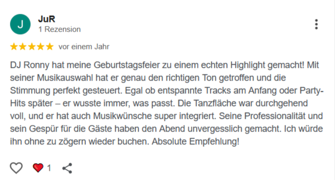 Bewertung für DJ Ronny LE. mit positiven Kommentaren zur Atmosphäre und zur Dienstleistung